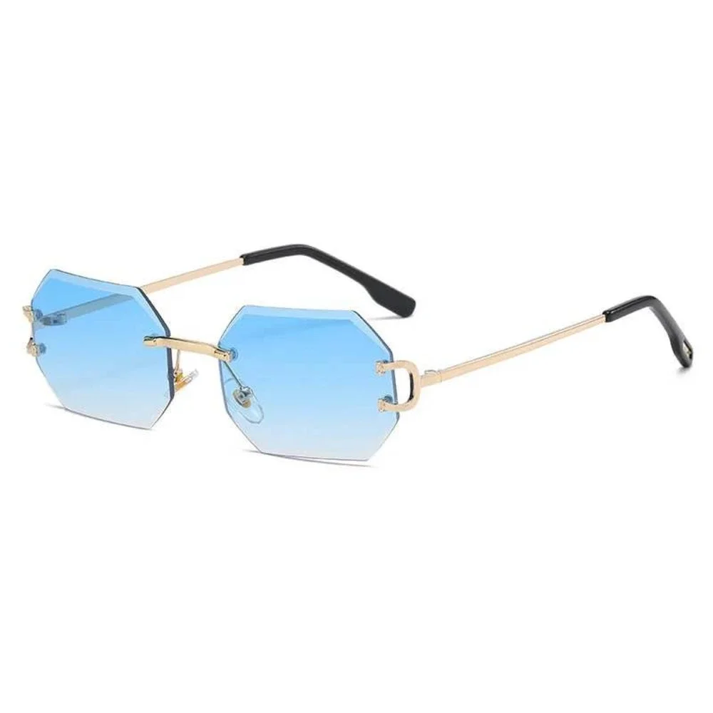 Rimless Sunglasses Men Octagon Blue Lens Gold Accents Fashion‎ Shades Lentes New